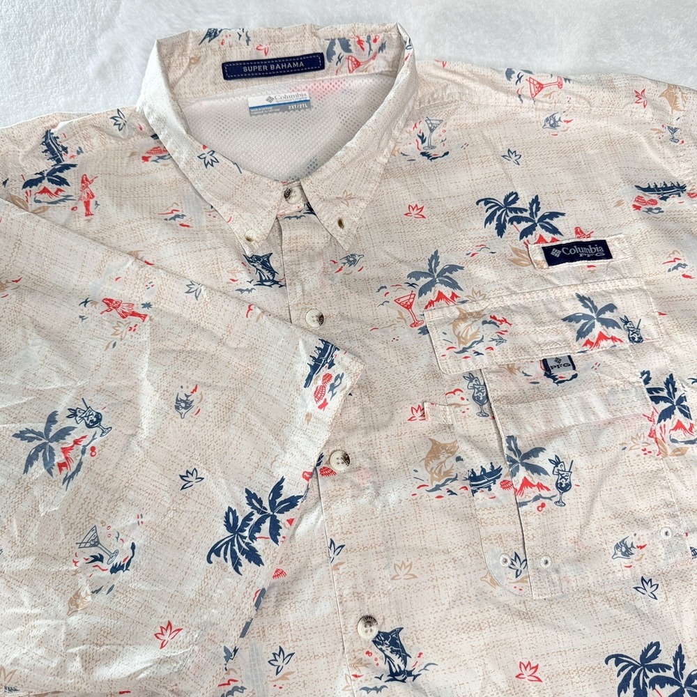 Columbia PFG Super Bahama 2XT Tropical Hawaiian Fishing Shirt Palm Island Print